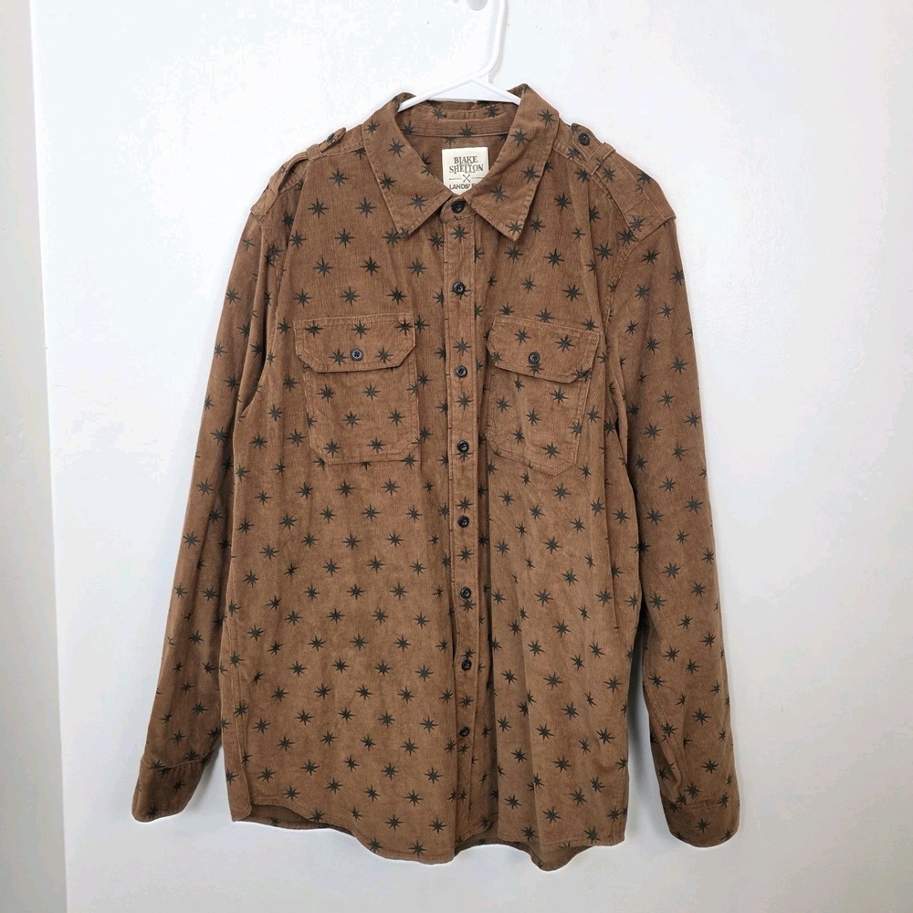 Blake Shelton × Lands' End Brown Black Corduroy Star Print Button Up Size L Tall